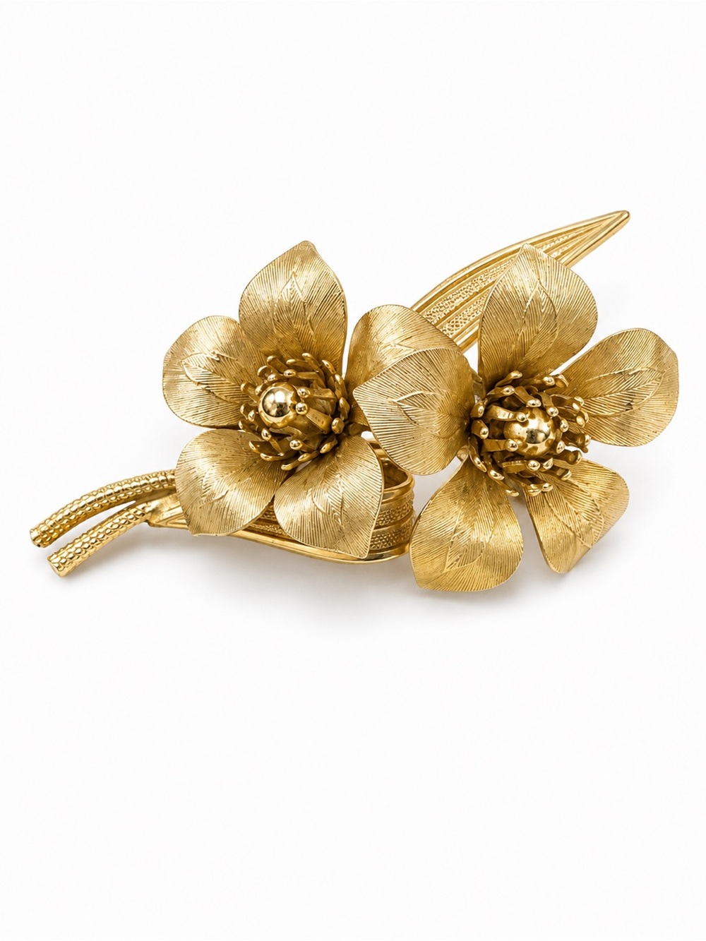 Vintage Gold Tone Floral Brooch Pin Textured Double Flower Statement Piece